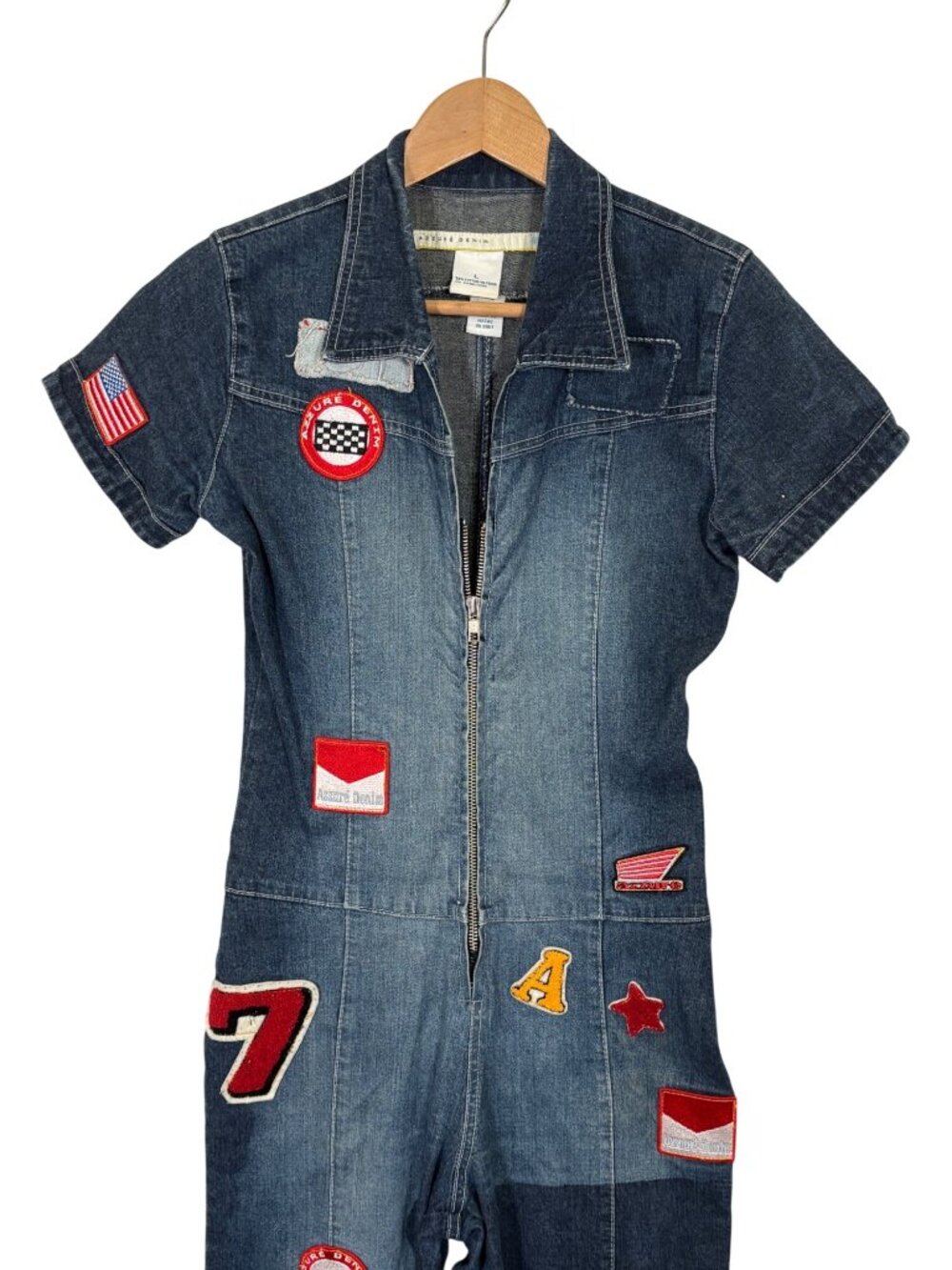 Vintage Y2k Azzure Denim Flare Leg Short Sleeve Jumpsuit Size Large - Picture 3 of 8